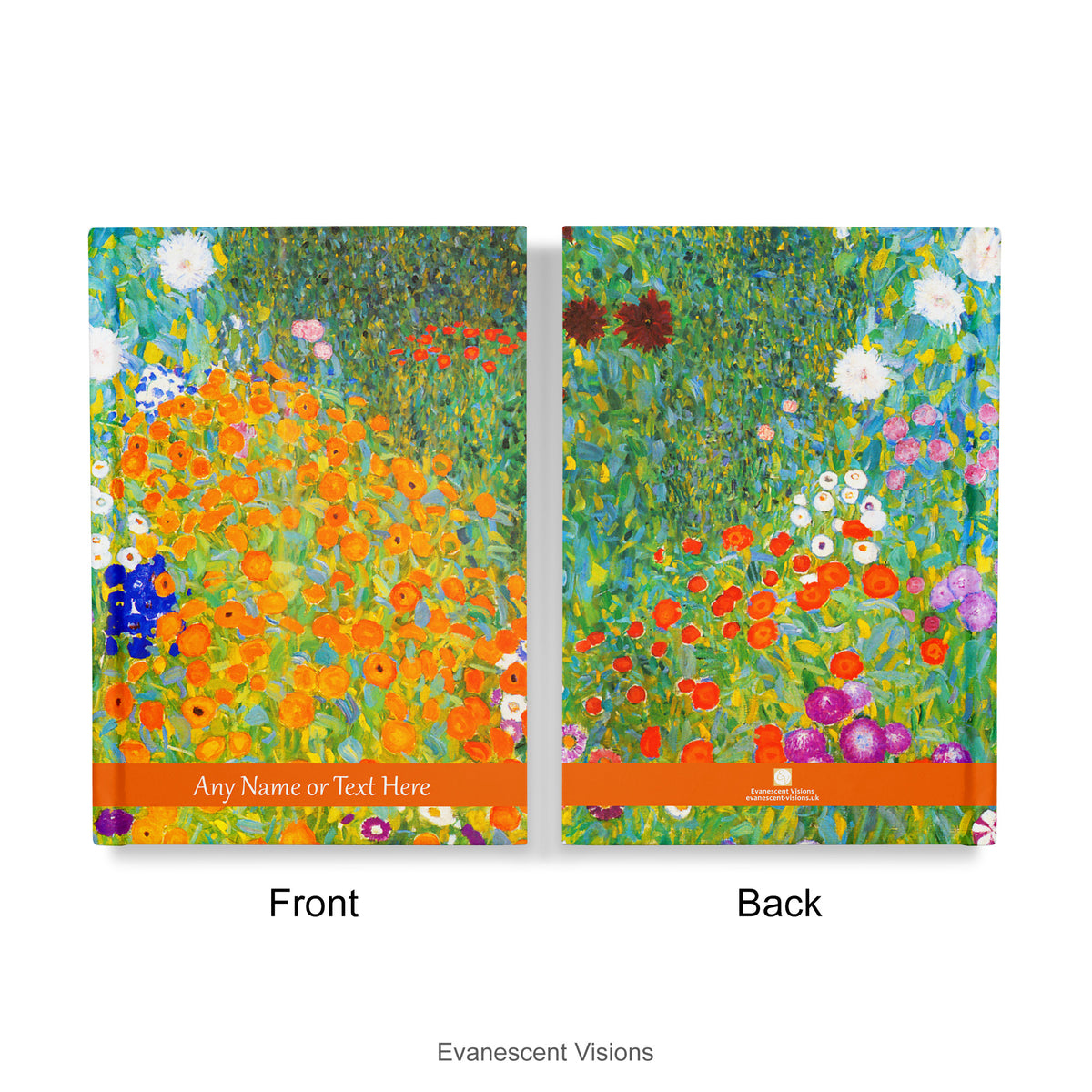 Front adn back views of the Personalised Notebook, Hardback with Klimt's Bauerngarten artwork 