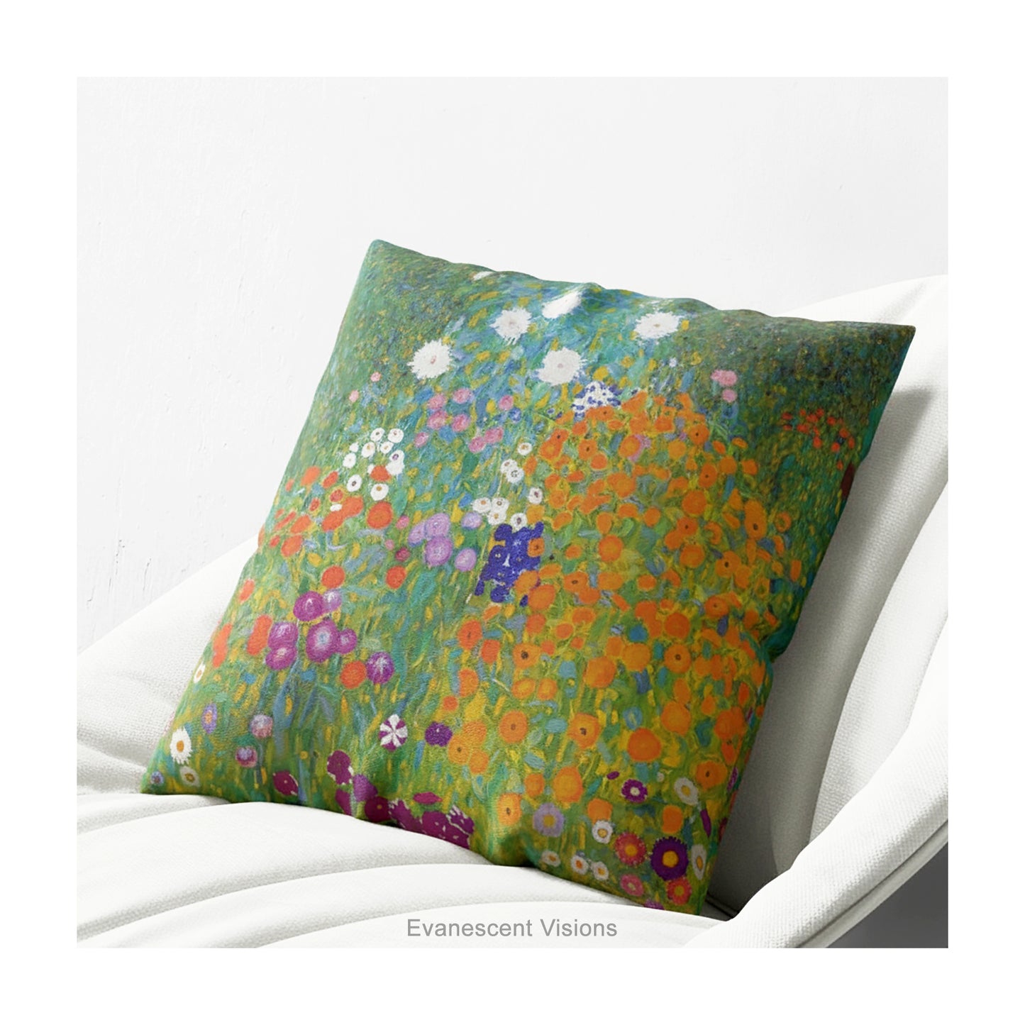 A square cushion pillow featuring a vibrant, impressionistic floral field design titled 'Bauerngarten' by Gustav Klimt, shown on a white chair.