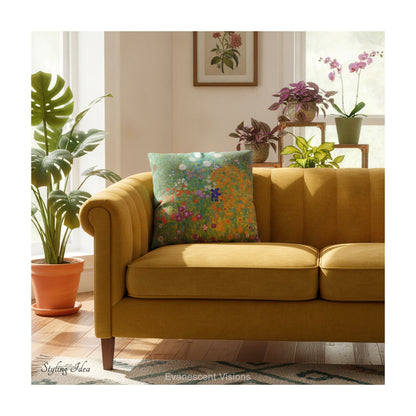 A floral square cushion featuring a colourful floral design titled 'Bauerngarten' by Gustav Klimt, shown on an orange sofa surrounded by plants. 
