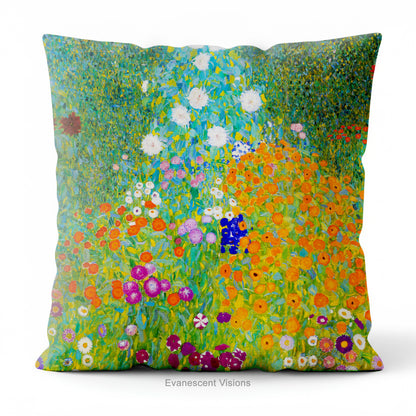 A square cushion pillow featuring a vibrant, impressionistic floral field design titled 'Bauerngarten' by Gustav Klimt, shown on a white chair.