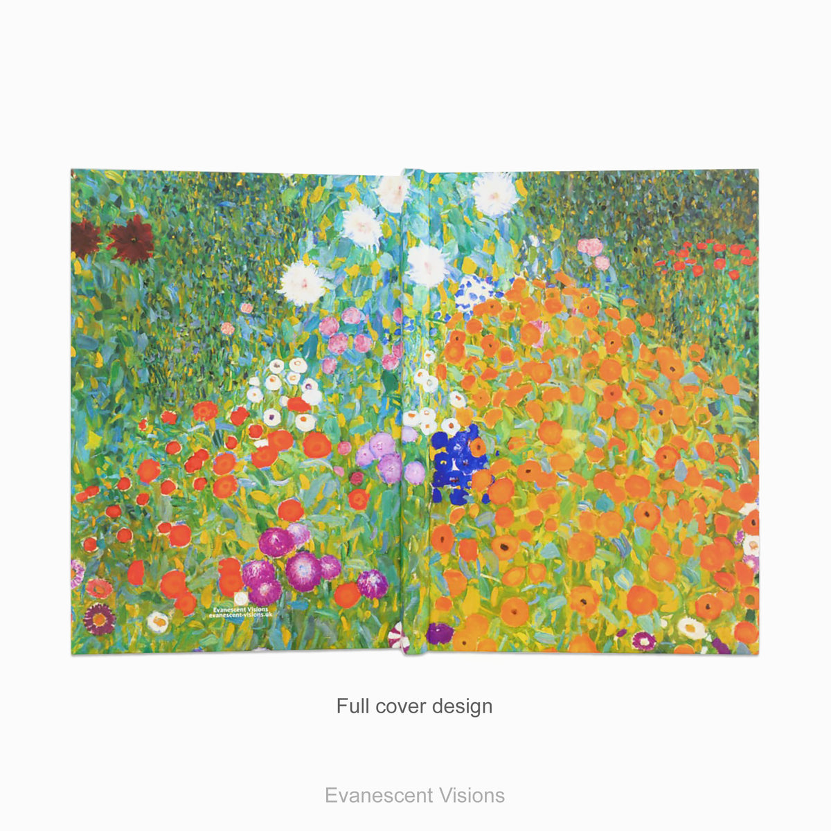 Full cover front and back view of a hardback notebook featuring the colourful impressionistic floral artwork 'Bauerngarten' by Gustav Klimt, shown against a white background. 
