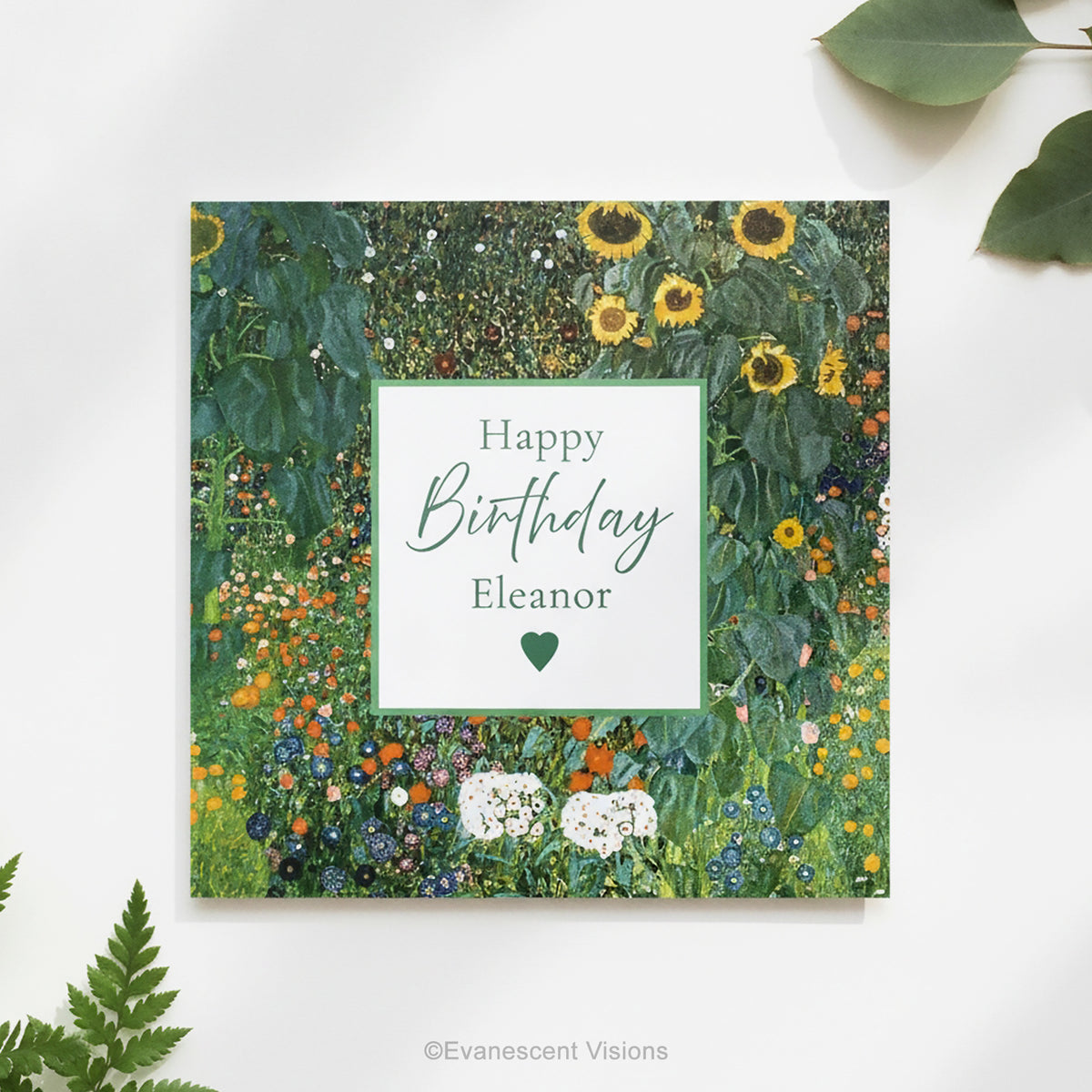 Klimt Bauerngarten square personalised name greeting card styled with green leaves.