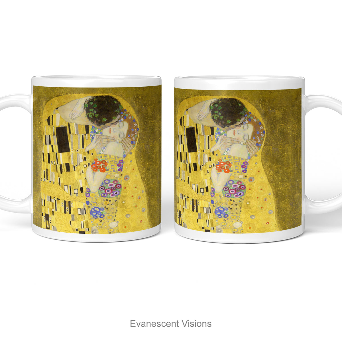 Left and right side views of A white ceramic mug featuring a print of  Gustav Klimt's 'The Kiss' painting shown on a white background.
