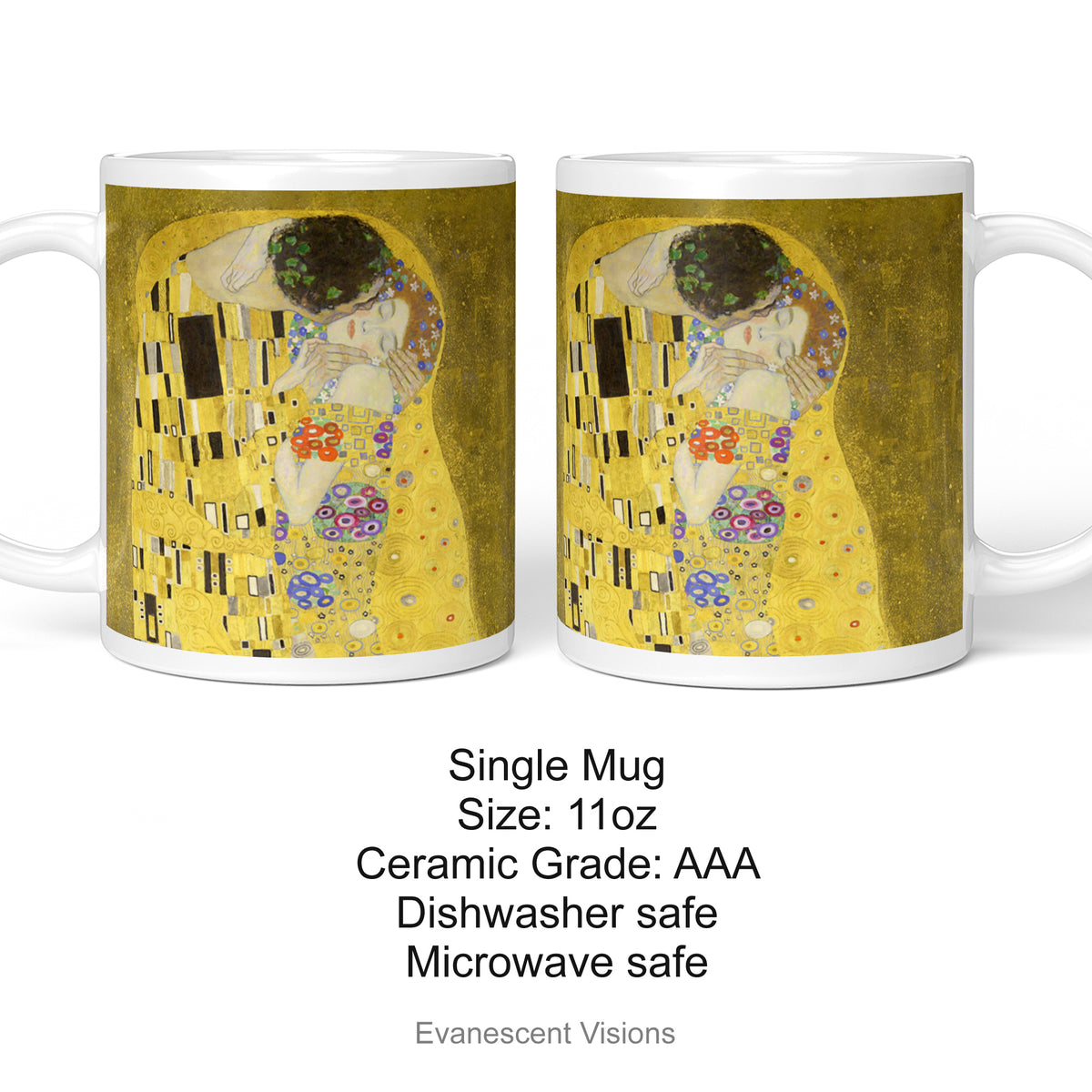 Left and right side views of A white ceramic mug featuring a print of  Gustav Klimt's 'The Kiss' painting shown on a white background with product information text below. 