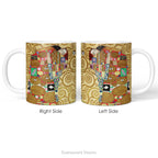 Left and right side views of the ceramic mug featuring Gustav Klimt's painting 'The Embrace'.