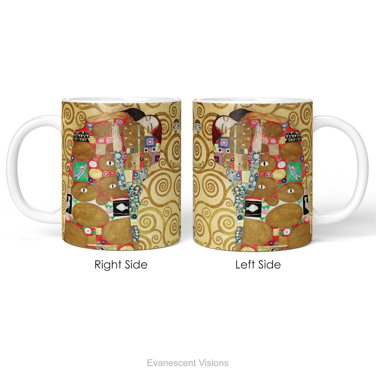 Left and right side views of the ceramic mug featuring Gustav Klimt's painting 'The Embrace'.