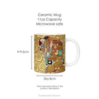 A ceramic mug featuring Gustav Klimt's painting 'The Embrace', shown with mug dimensions.
