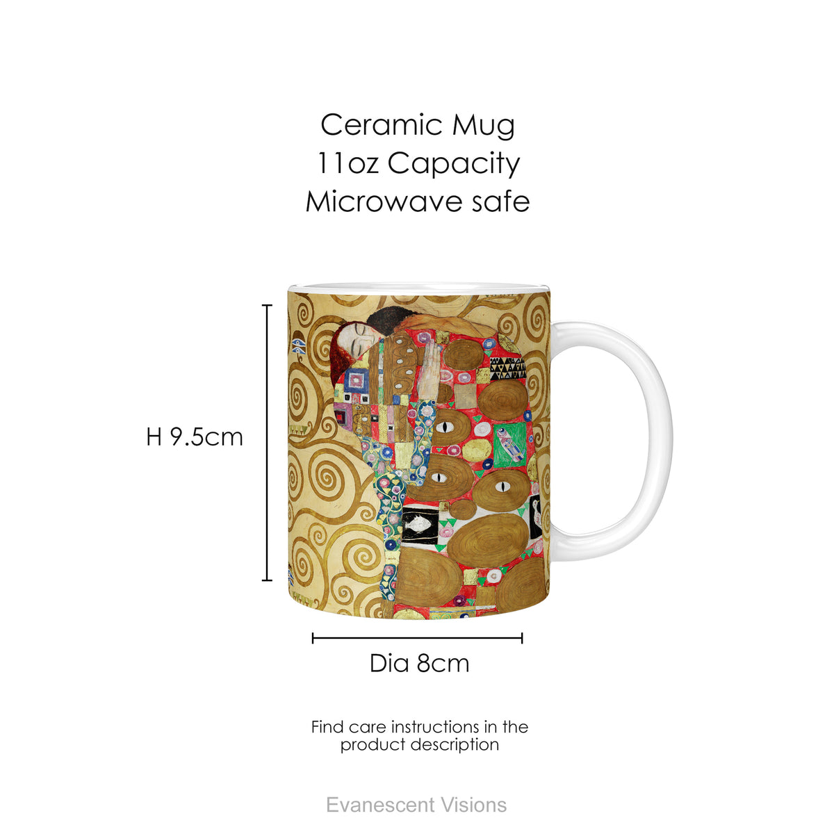 A ceramic mug featuring Gustav Klimt's painting 'The Embrace', shown with mug dimensions.