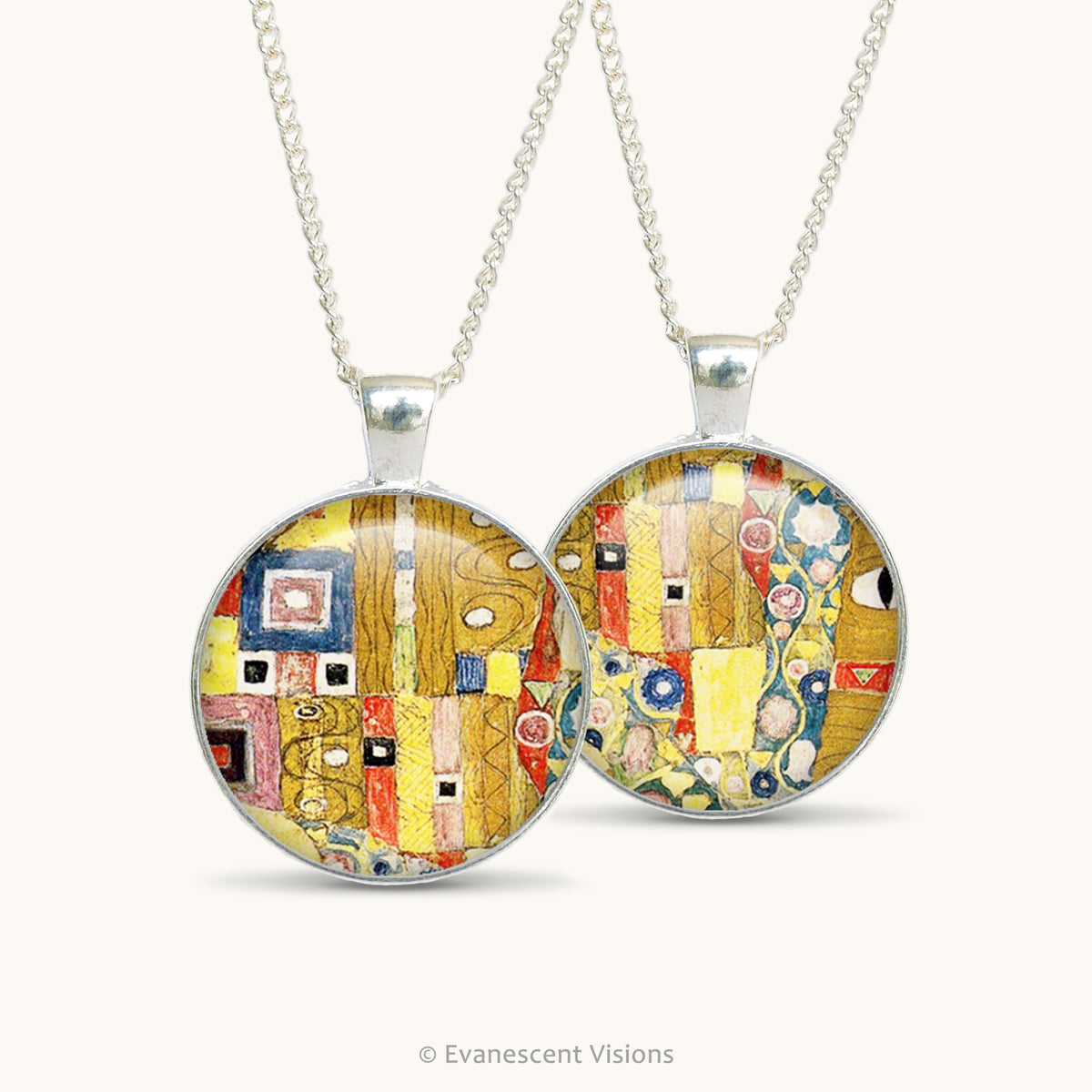 Front and back views of a double sided pendant necklace with pattern detail from artwork 'The Kiss' by Alphonse Mucha
