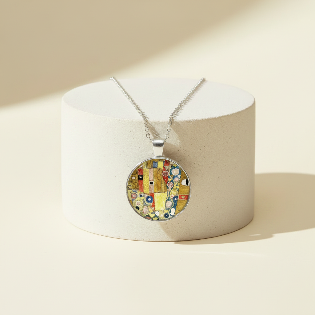 Pendant necklace with pattern detail from artwork 'The Kiss' by Alphonse Mucha displayed on a white cylindrical pedestal. The pendant features an intricate, colorful art design with gold, red, blue, and white elements.