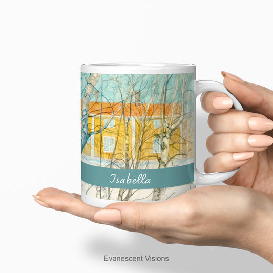 Personalised Art Mug with Winter Landscape Paintings by Carl Larsson