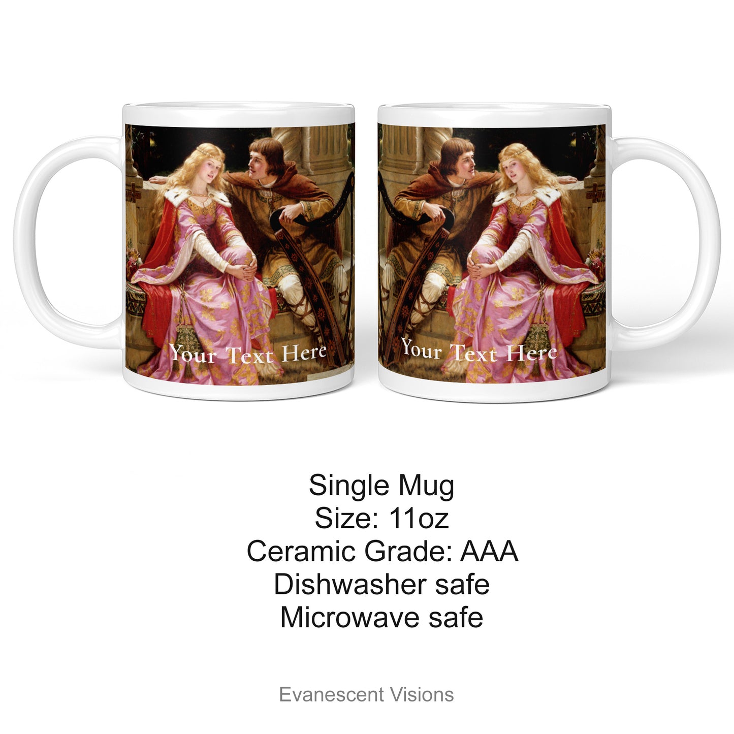 Personalised Ceramic mug with the image 'Tristan and Isolde (aka 'The End of the Song') by Edmund Blair Leighton (1852-1922) shown with product details