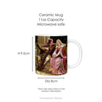 Ceramic mug with painting 'The End of the Song'  by Edmund Blair Leighton, with mug dimensions.