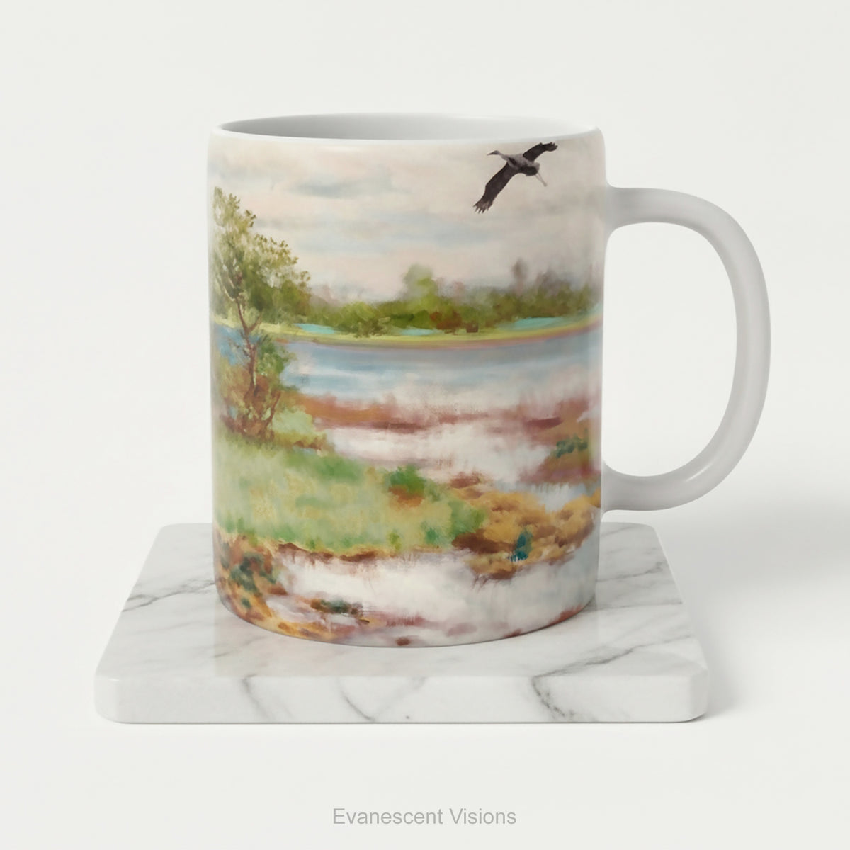 Ceramic mug featuring painting Landscape With Cranes at the Water' by  Bruno Liljefors