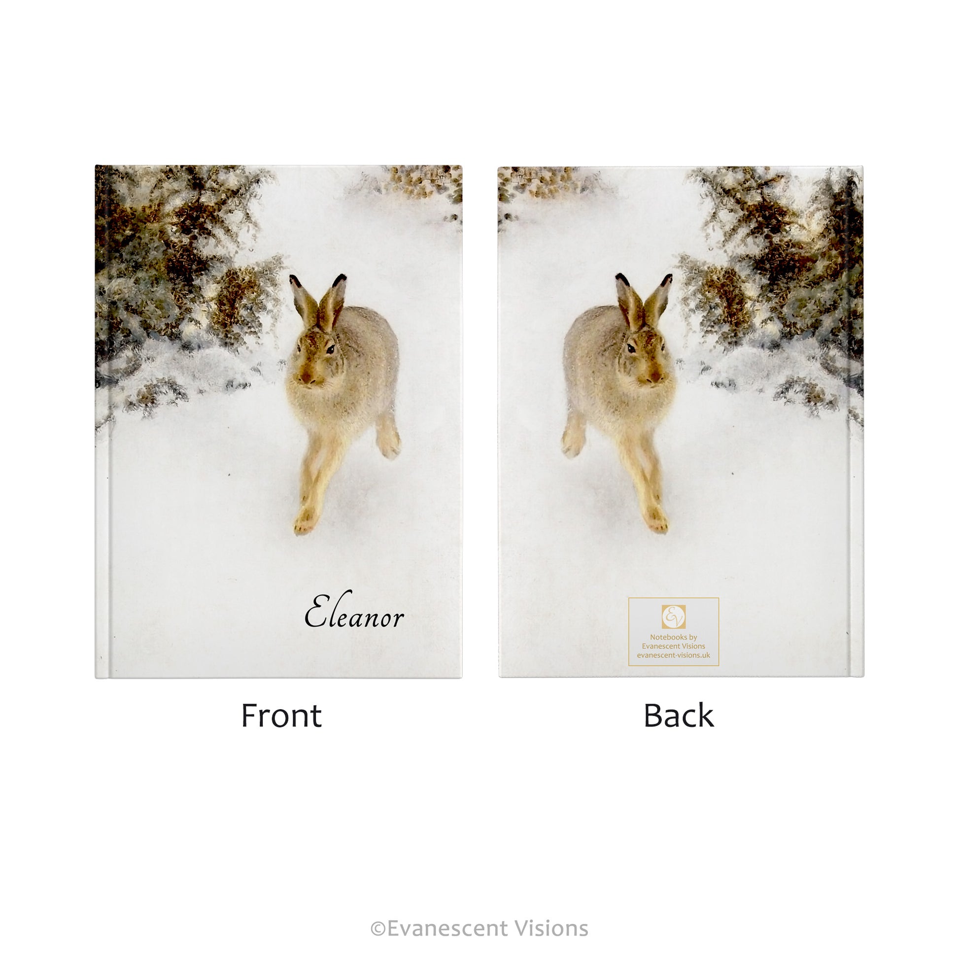 Front and back view of the Personalised Hardback Notebook with artwork 'Winter Hare' by Bruno Liljefors 