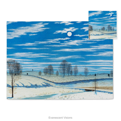Placemat and coaster with design of 'Winter Scene in Moonlight' by artist Henry Farrer (1843–1903).