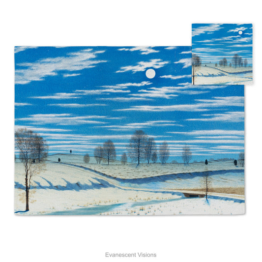 Placemat and coaster with design of 'Winter Scene in Moonlight' by artist Henry Farrer (1843–1903).