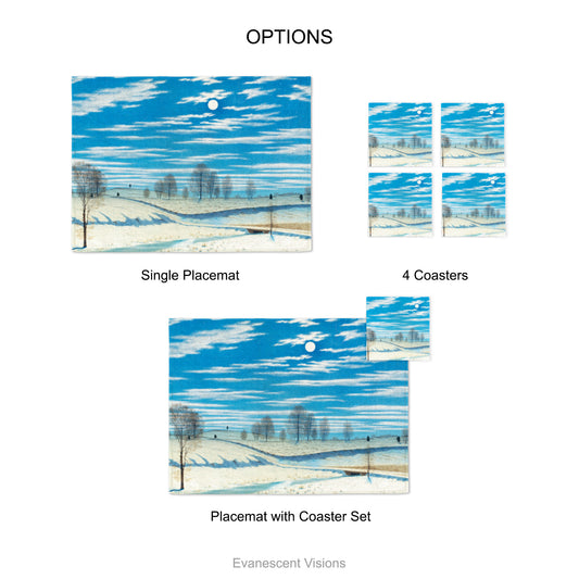 Placemat and coaster with design of 'Winter Scene in Moonlight' by artist Henry Farrer (1843–1903).  Product options shows single placemat, set of 4 coasters and placemat with coaster set.