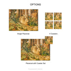 Product options shows single placemat, set of 4 coasters and placemat with coaster set. Design is 'A Hare in the forest' by Hans Hoffmann (1530-1592).