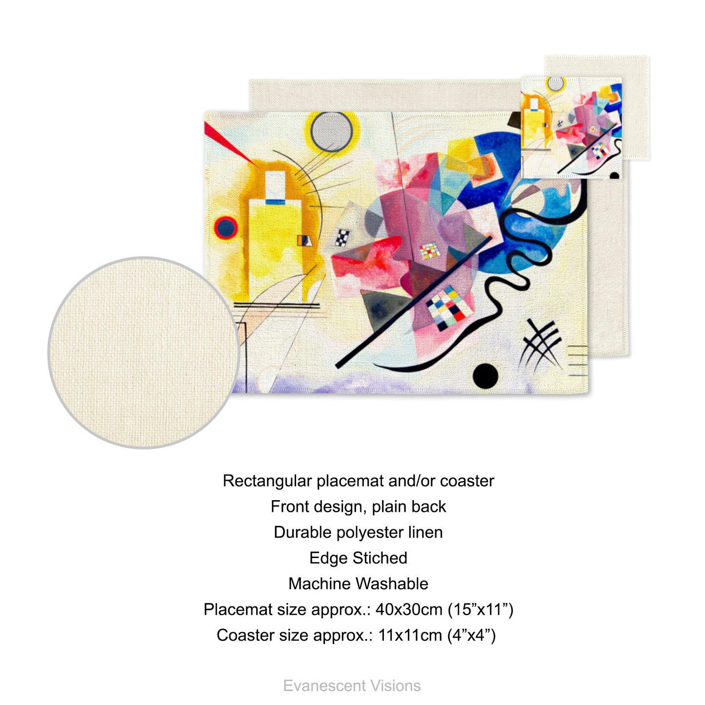Product details for placemat and coaster. Front design, plain back, durable polyester linen, edge sticked, machine washable. Placemat size approx 40x30cm (15"x11"). Coaster size approx 11x11cm (4"x4") Placemat and coaster shows the artwork 'Jaune, Rouge, Bleu' by artist Wassily Kandinsky.