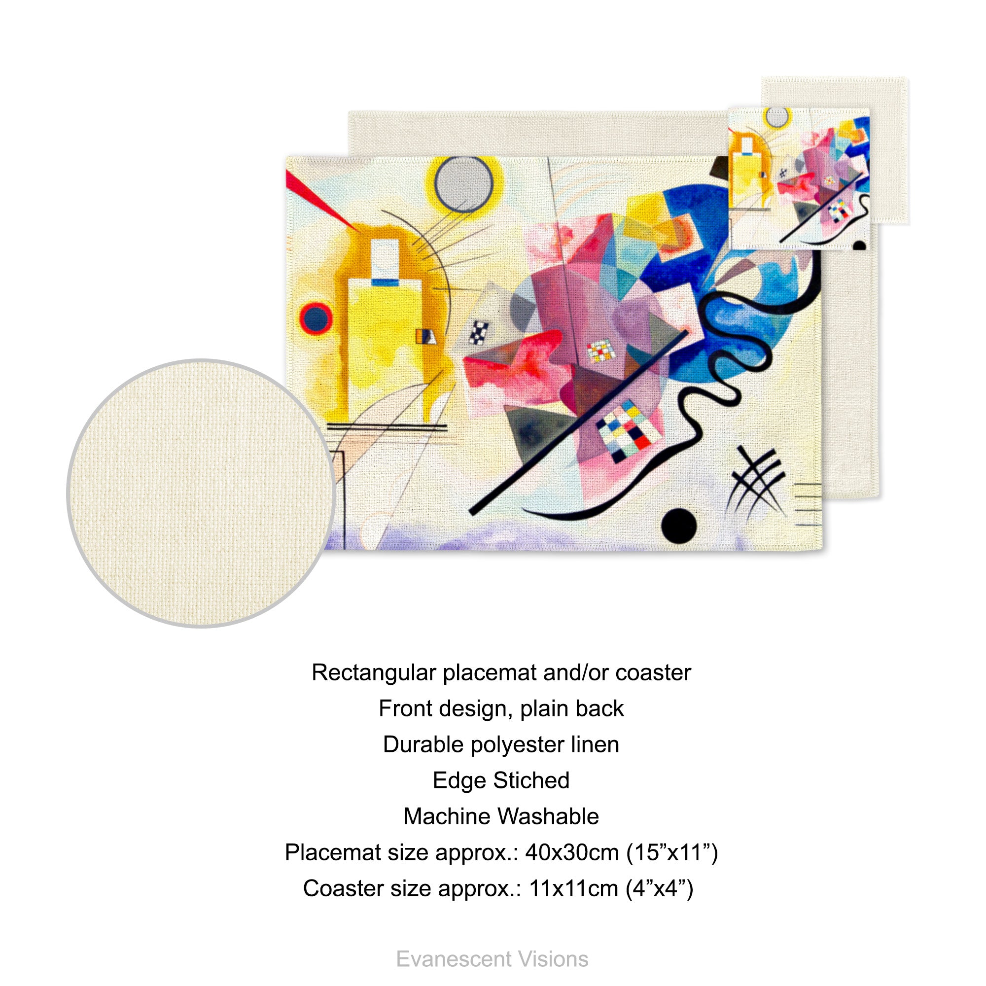 Product details for placemat and coaster. Front design, plain back, durable polyester linen, edge sticked, machine washable. Placemat size approx 40x30cm (15"x11"). Coaster size approx 11x11cm (4"x4") Placemat and coaster shows the artwork 'Jaune, Rouge, Bleu' by artist Wassily Kandinsky.