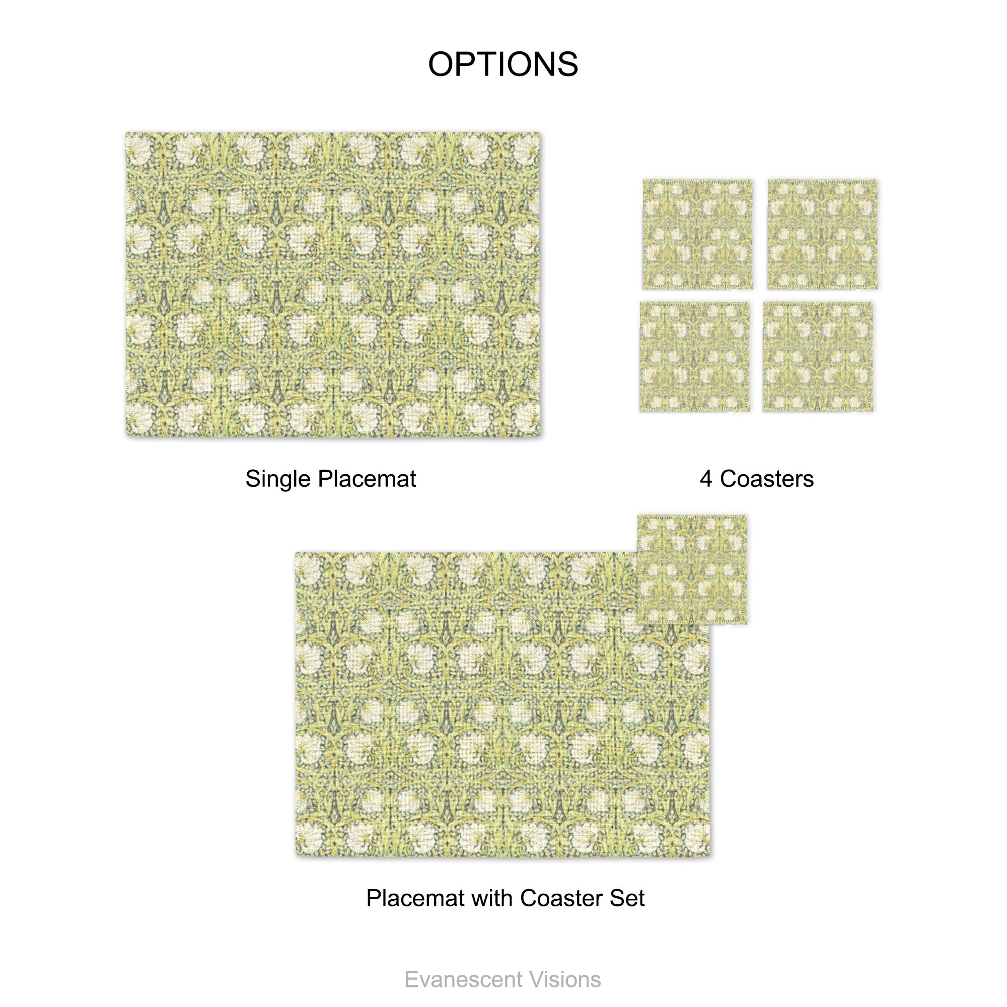 Morris Pimpernel Green Fabric Placemat and Coasters