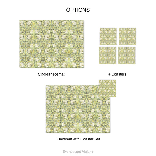 Morris Pimpernel Green Fabric Placemat and Coasters