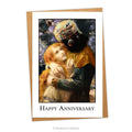 Card and envelope. Front of card has image from painting'Elsa and Lohengrin' by Gaston Bussière and 'Happy Anniversary' underneath. 