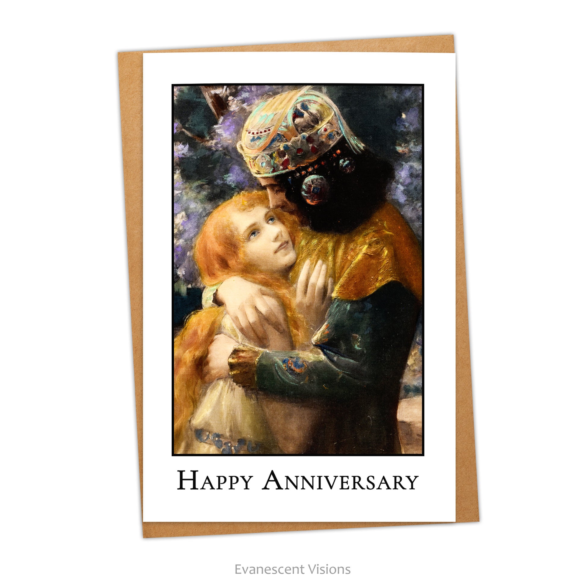 Card and envelope. Front of card has image from painting'Elsa and Lohengrin' by Gaston Bussière and 'Happy Anniversary' underneath. 