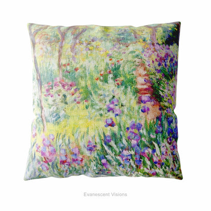 A square decorative cushion on a white background featuring an impressionist floral artwork 'The Artist's Garden' by Claude Monet.