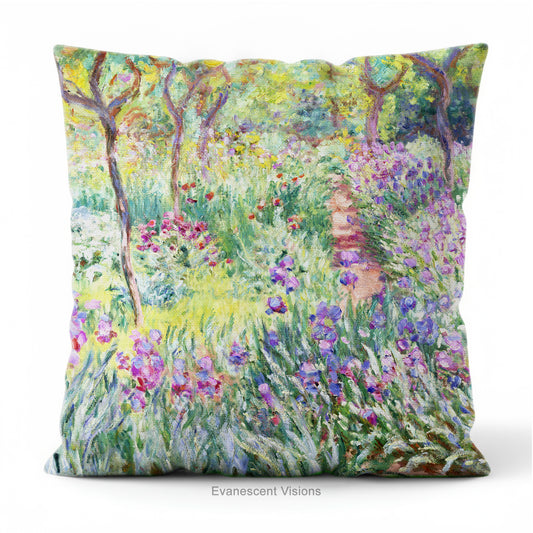 A square decorative cushion  featuring an impressionist floral artwork 'The Artist's Garden' by Claude Monet.