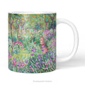A ceramic mug with a print of artwork The Artist's Garden at Giverney' by Claude Monet