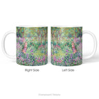 Left and right side views of aceramic mug with a print of artwork The Artist's Garden at Giverney'.