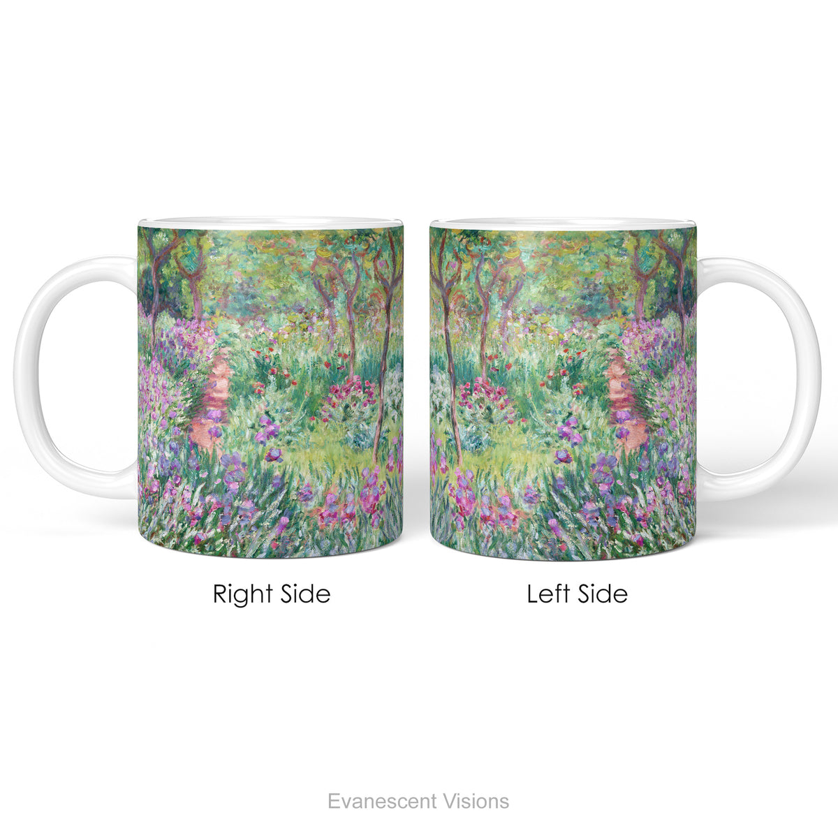 Left and right side views of aceramic mug with a print of artwork The Artist's Garden at Giverney'.