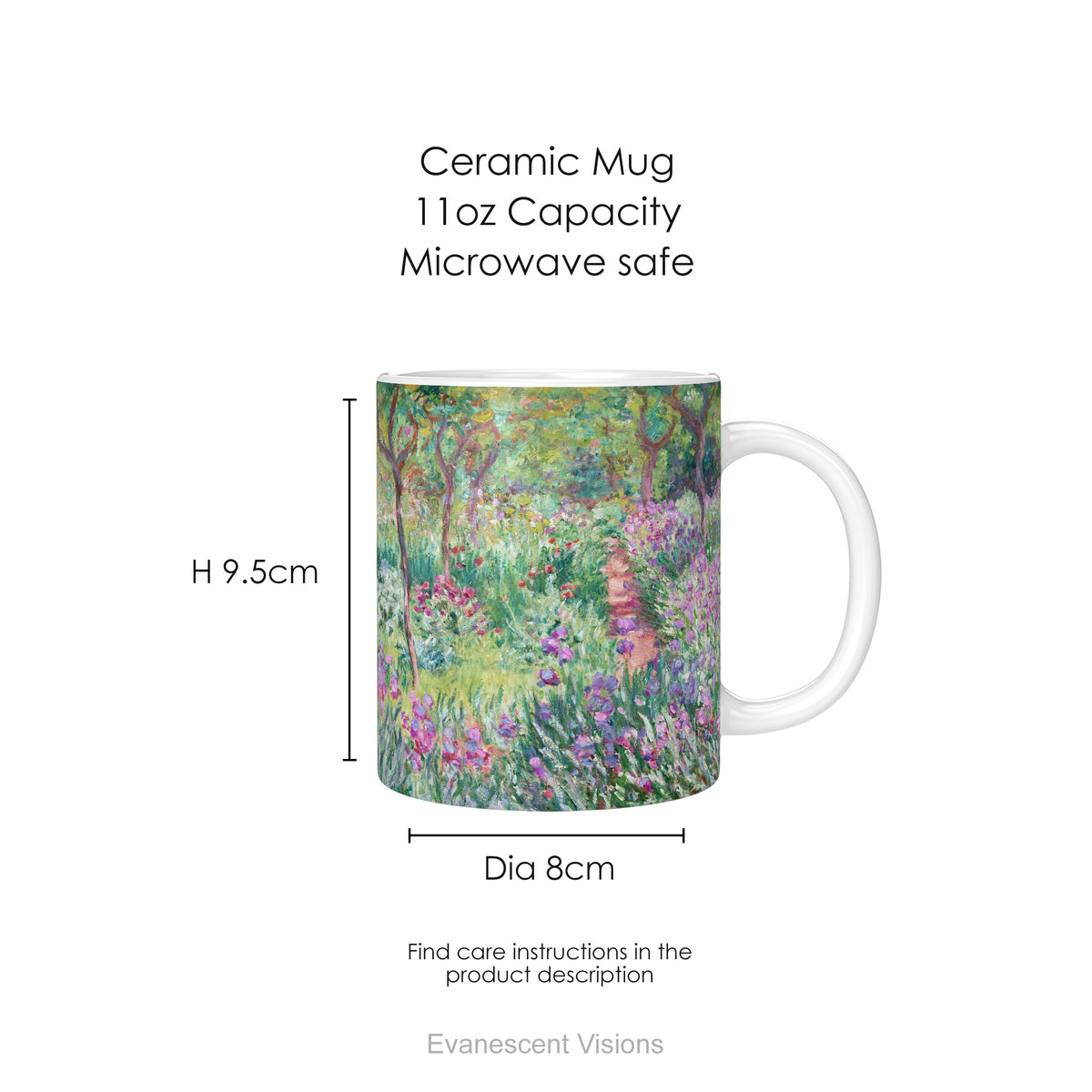 A ceramic mug with a print of artwork The Artist's Garden at Giverney' showing mug dimensions.