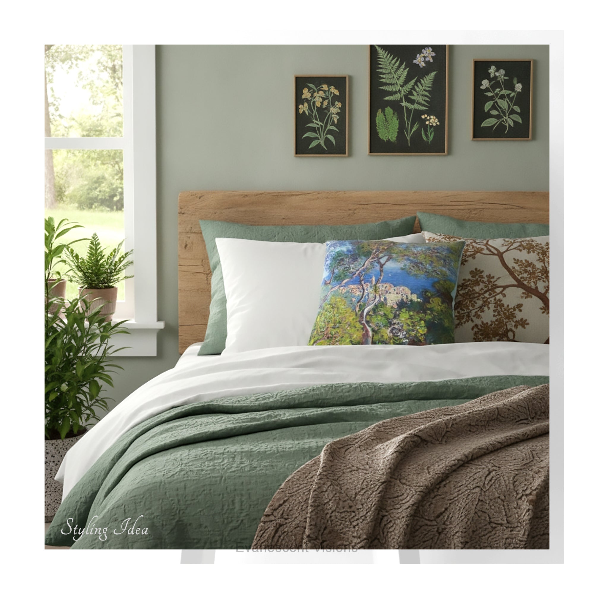 A square throw pillow printed with with Monet's Bordighera painting,  on a bed in a bedroom with botanical decor. 