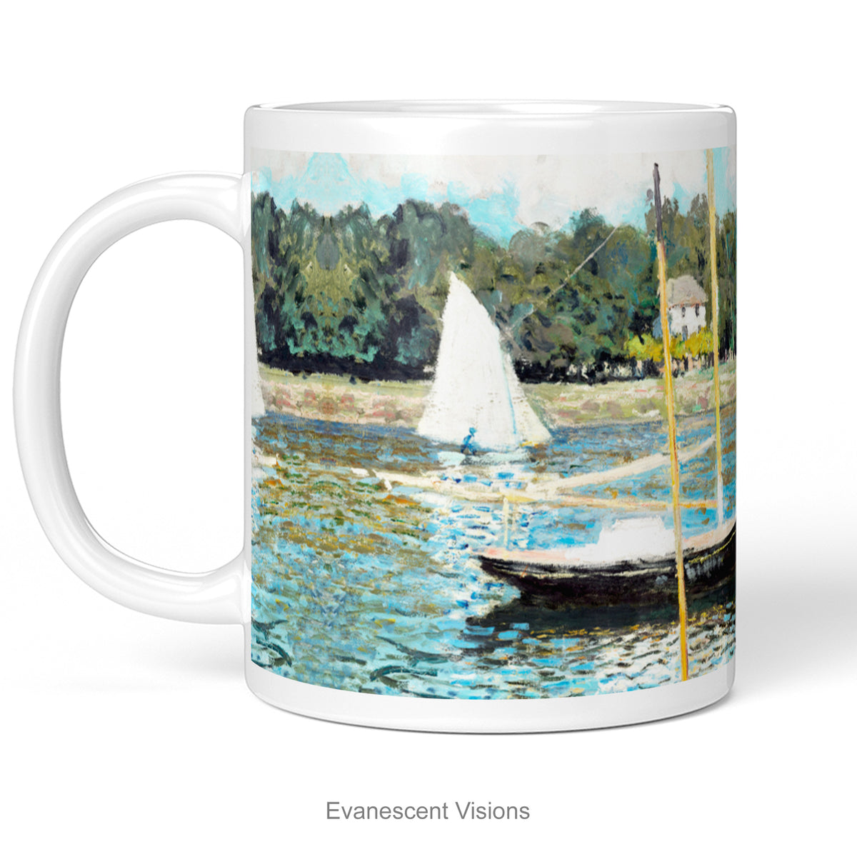 Right side view of a white ceramic mug with a print of  impressionist painting 'Bridge at Argenteuil' by Claude Monet  depicting  river, bridge and boats, shown on a white background. Mug