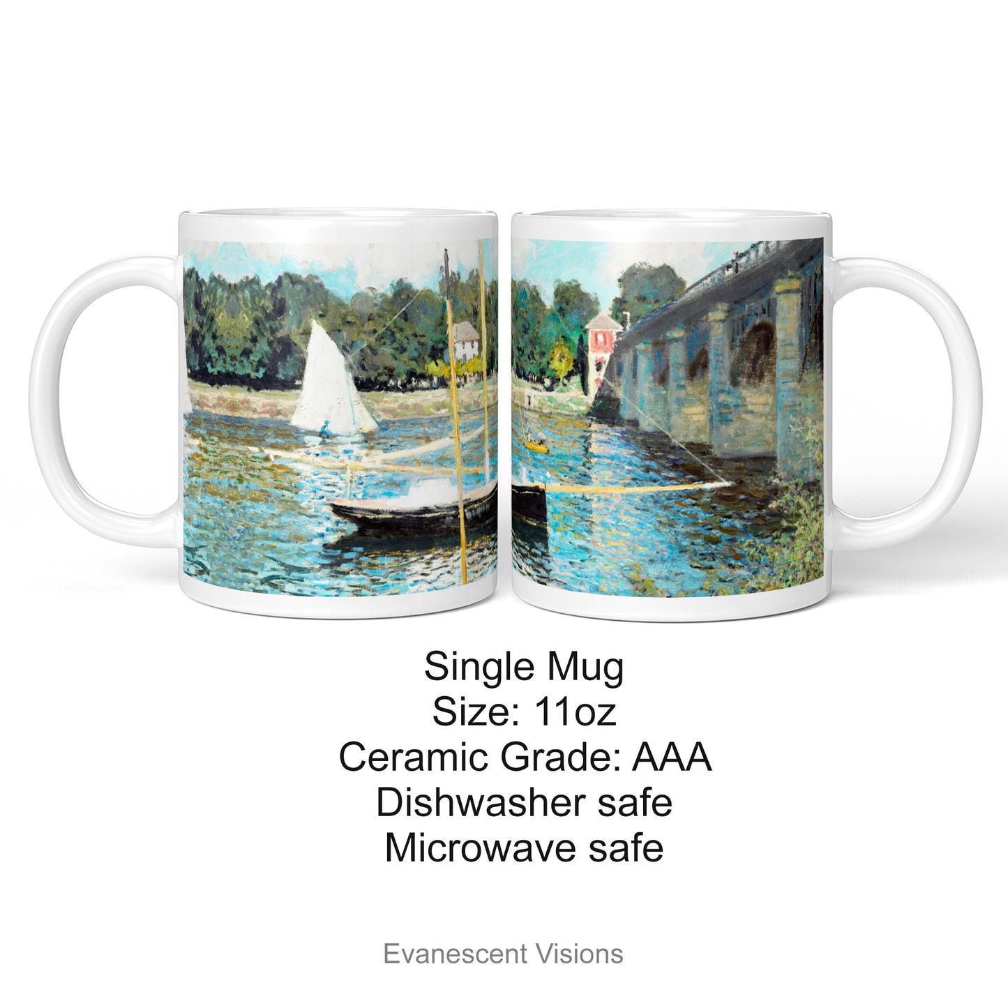 Left and right side views of the Claude Monet Bridge at Argenteuil Impressionist Art Mug with product details