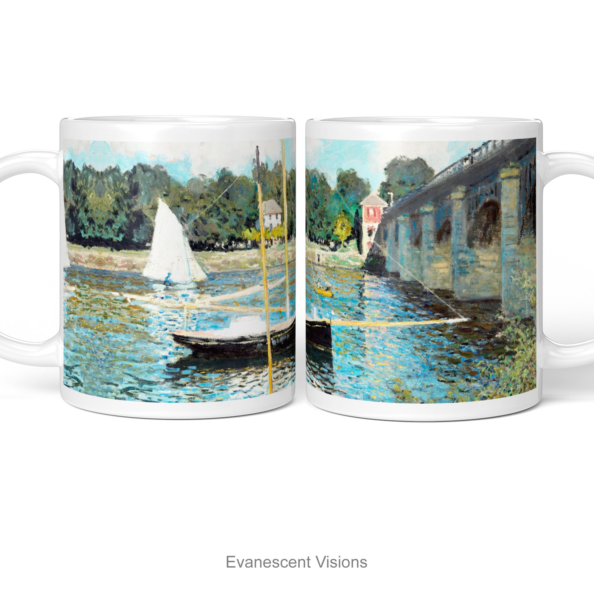 Left and right views of a white ceramic mug with a print of  impressionist painting 'Bridge at Argenteuil' by Claude Monet  depicting  river, bridge and boats, shown on a white background. 