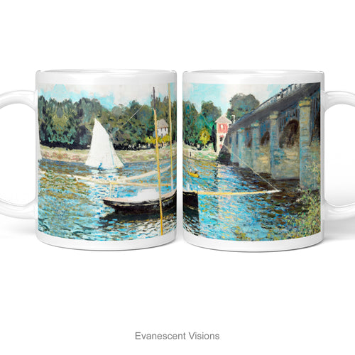 Left and right views of a white ceramic mug with a print of  impressionist painting 'Bridge at Argenteuil' by Claude Monet  depicting  river, bridge and boats, shown on a white background. 