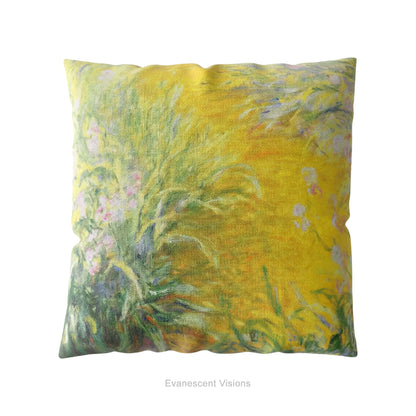 A decorative square cushion printed with impressionist floral painting 'The Path Through the Irises' by Claude Monet. 