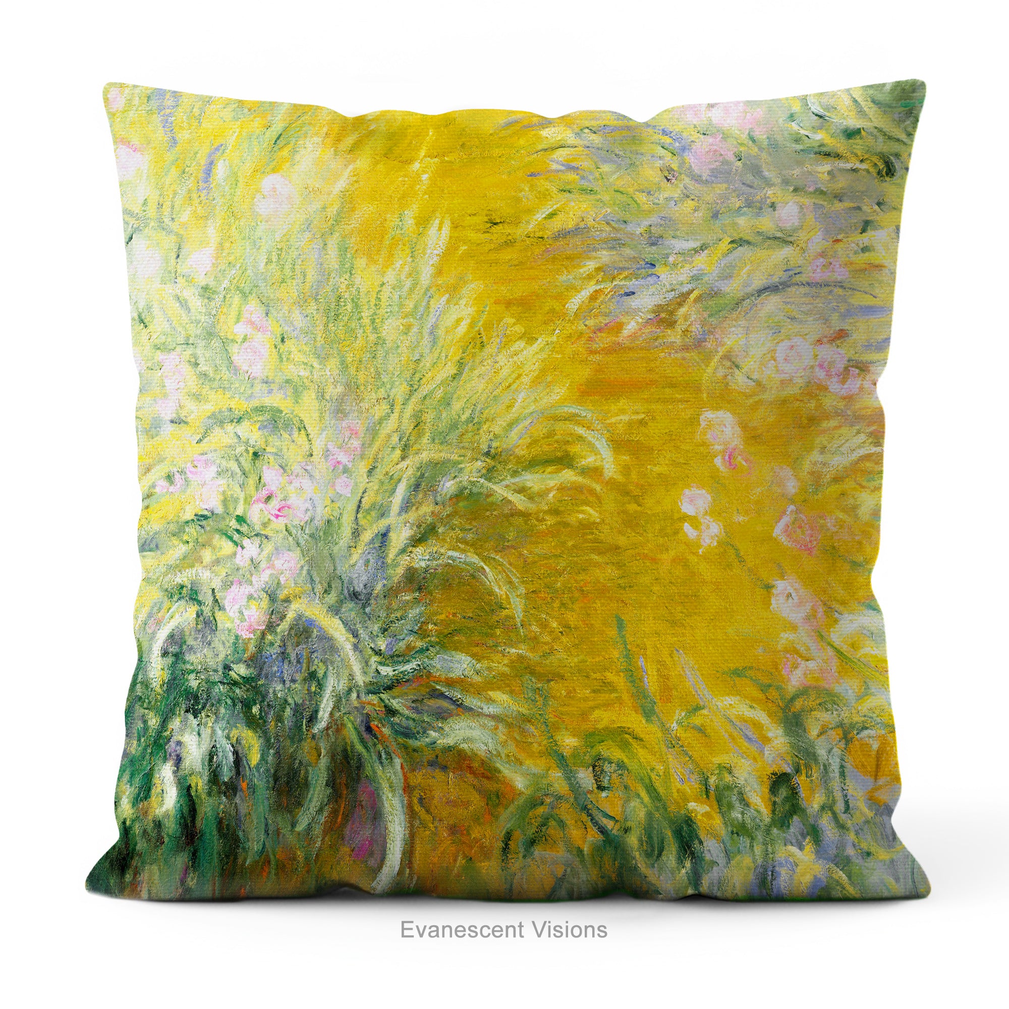 A decorative square cushion printed with impressionist floral painting 'The Path Through the Irises' by Claude Monet. 