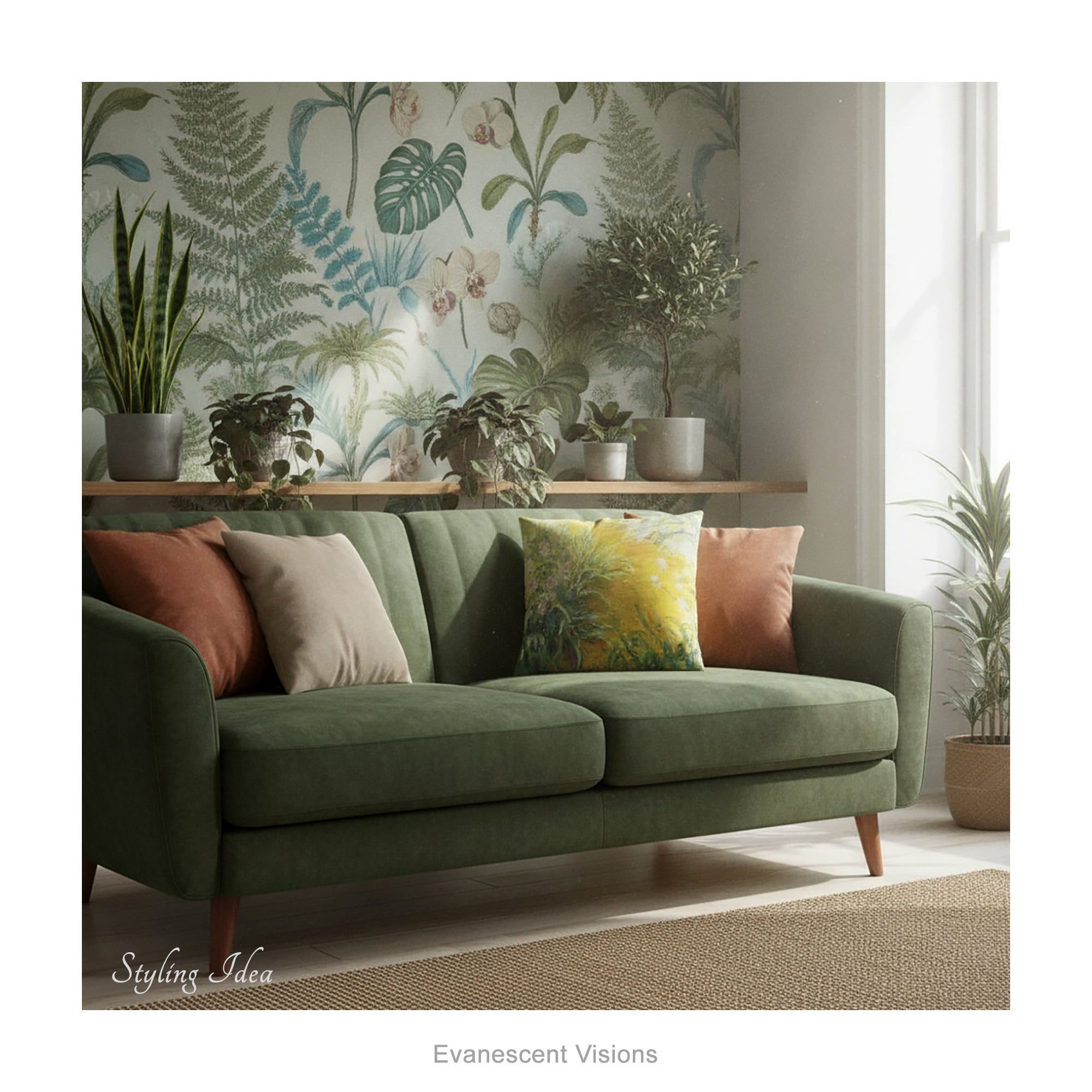 A decorative square cushion printed with impressionist floral painting 'The Path Through the Irises' by Claude Monet, on a green sofa in a botanical themed room. 