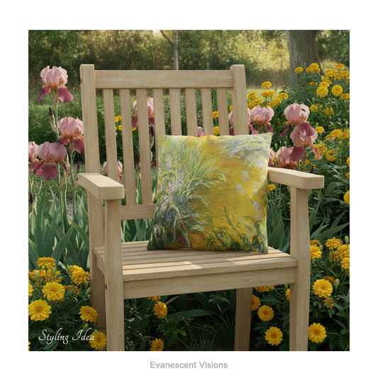 A decorative square cushion printed with impressionist floral painting 'The Path Through the Irises' by Claude Monet, on a wooden garden chair in a garden. 