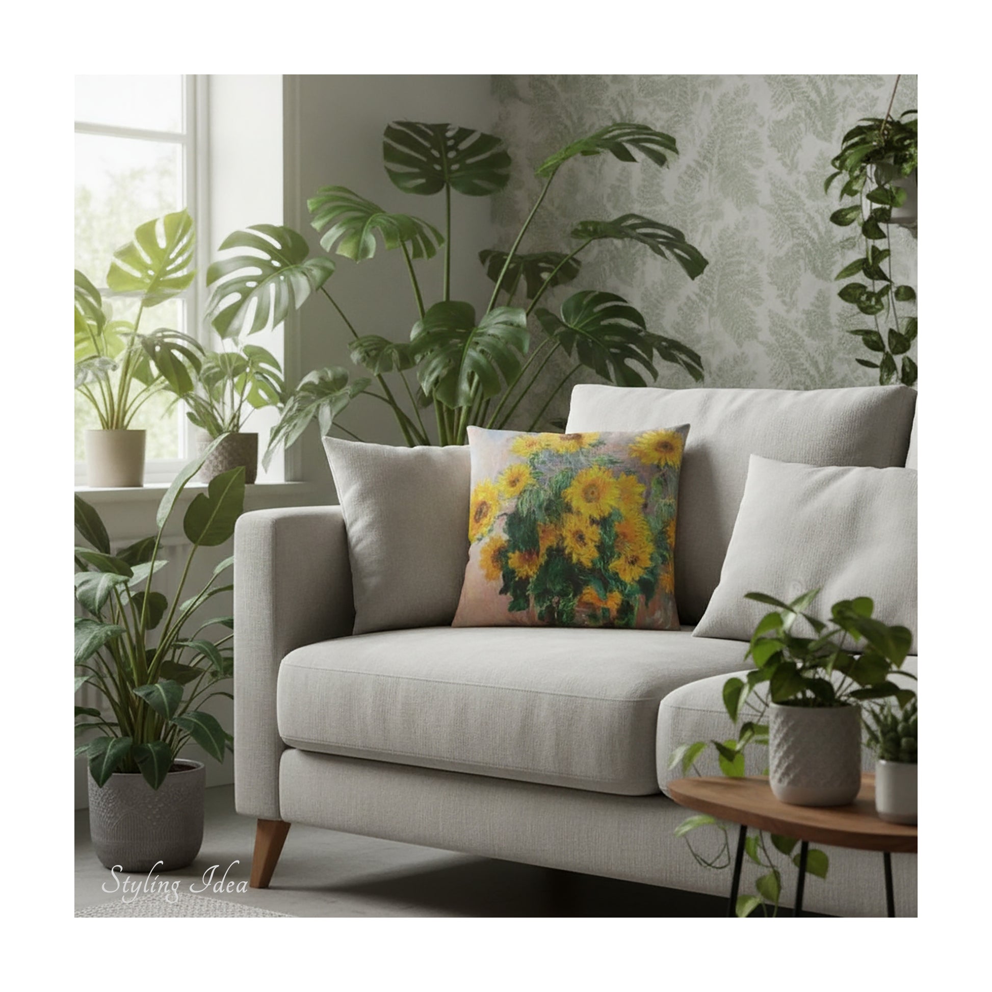 A square decorative cushion with a print of  impressionist painting 'Bouquet of Sunflowers' by Claude Monet, on a cream sofa n a botanical decor room.  