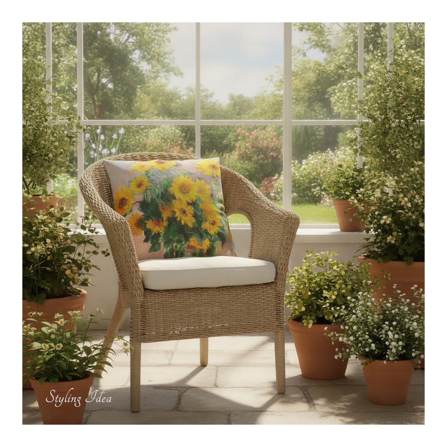 A square decorative cushion with a print of  impressionist painting 'Bouquet of Sunflowers' by Claude Monet, on a wicker chair in a conservatory. 