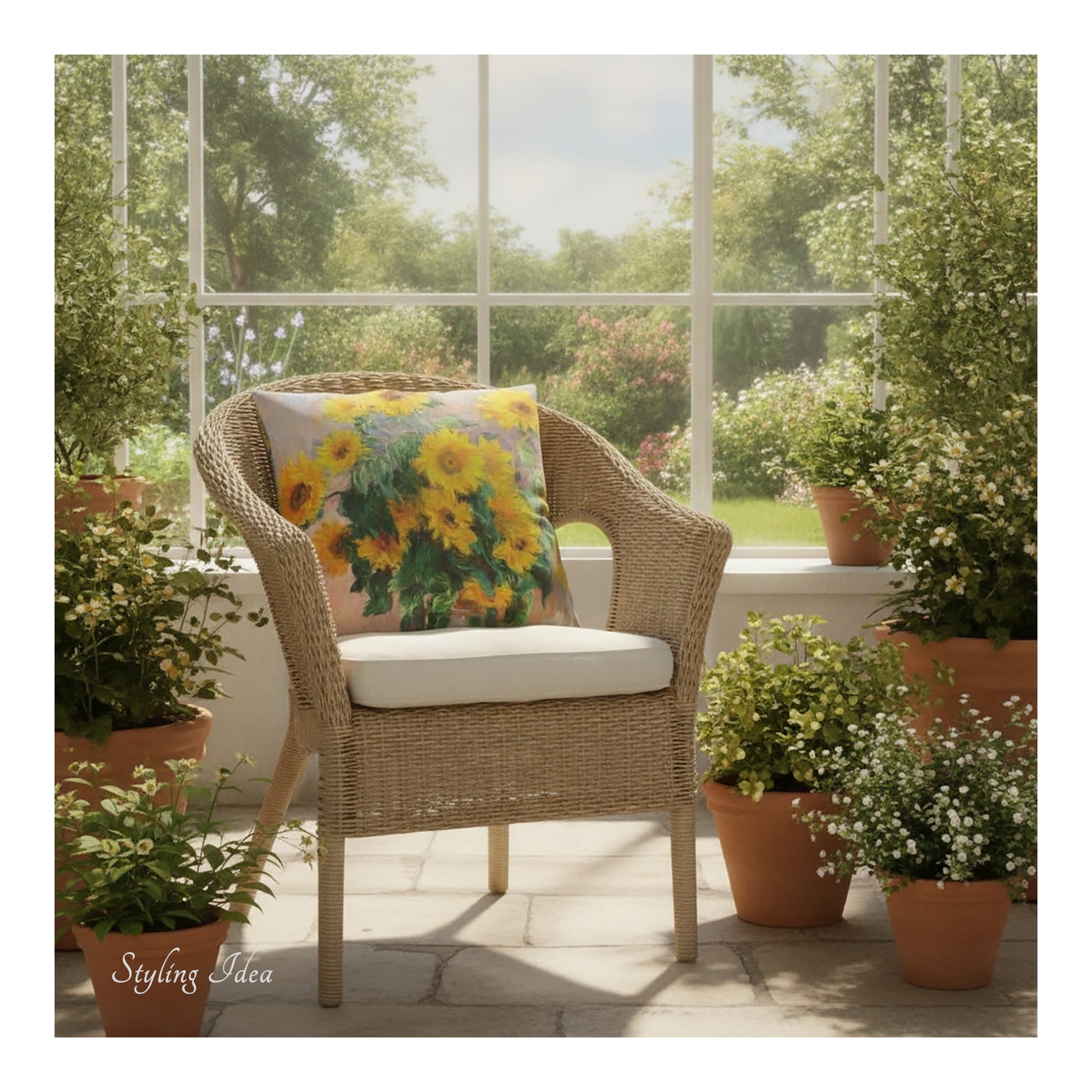 A square decorative cushion with a print of  impressionist painting 'Bouquet of Sunflowers' by Claude Monet, on a wicker chair in a conservatory. 
