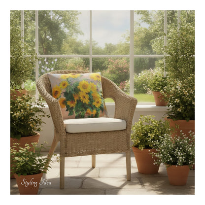 A square decorative cushion with a print of  impressionist painting 'Bouquet of Sunflowers' by Claude Monet, on a wicker chair in a conservatory. 