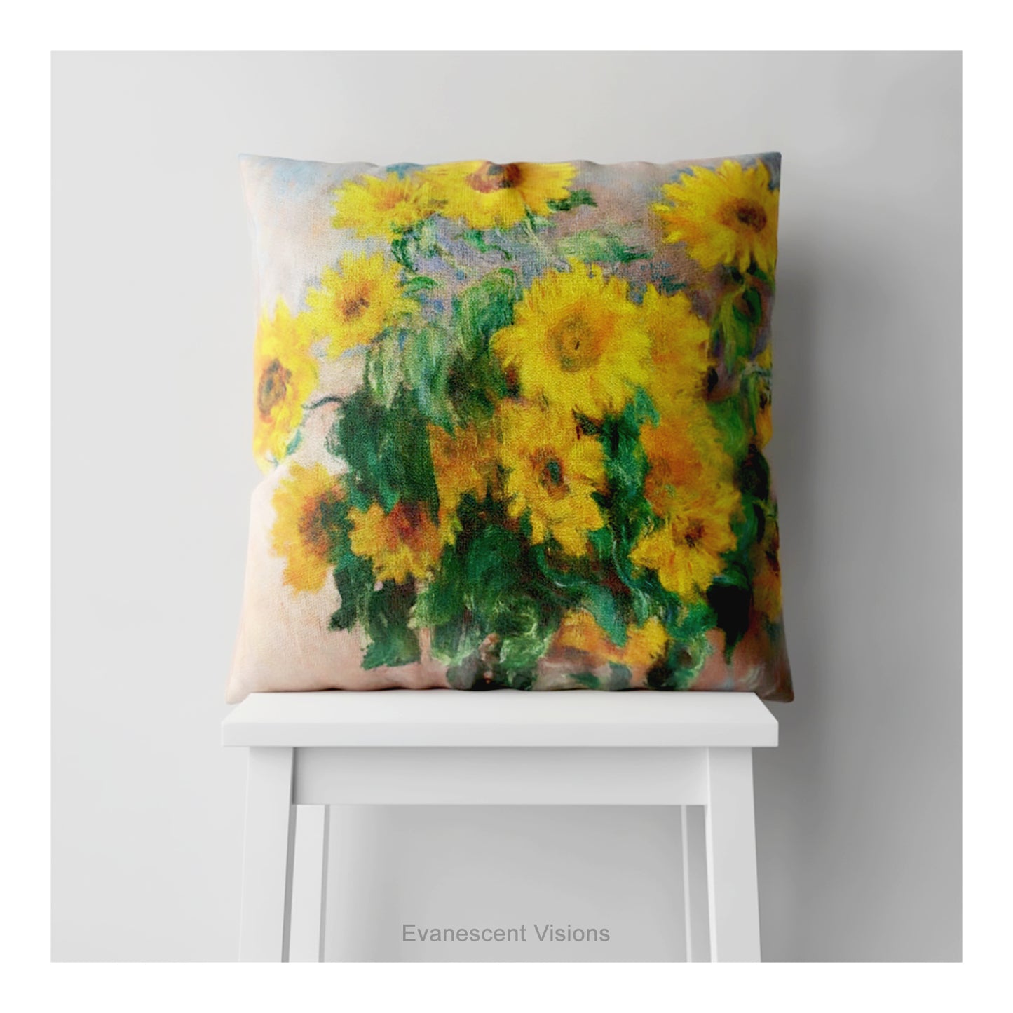 A square decorative cushion on a white stool featuring impressionist painting 'Bouquet of Sunflowers' by Claude Monet. 