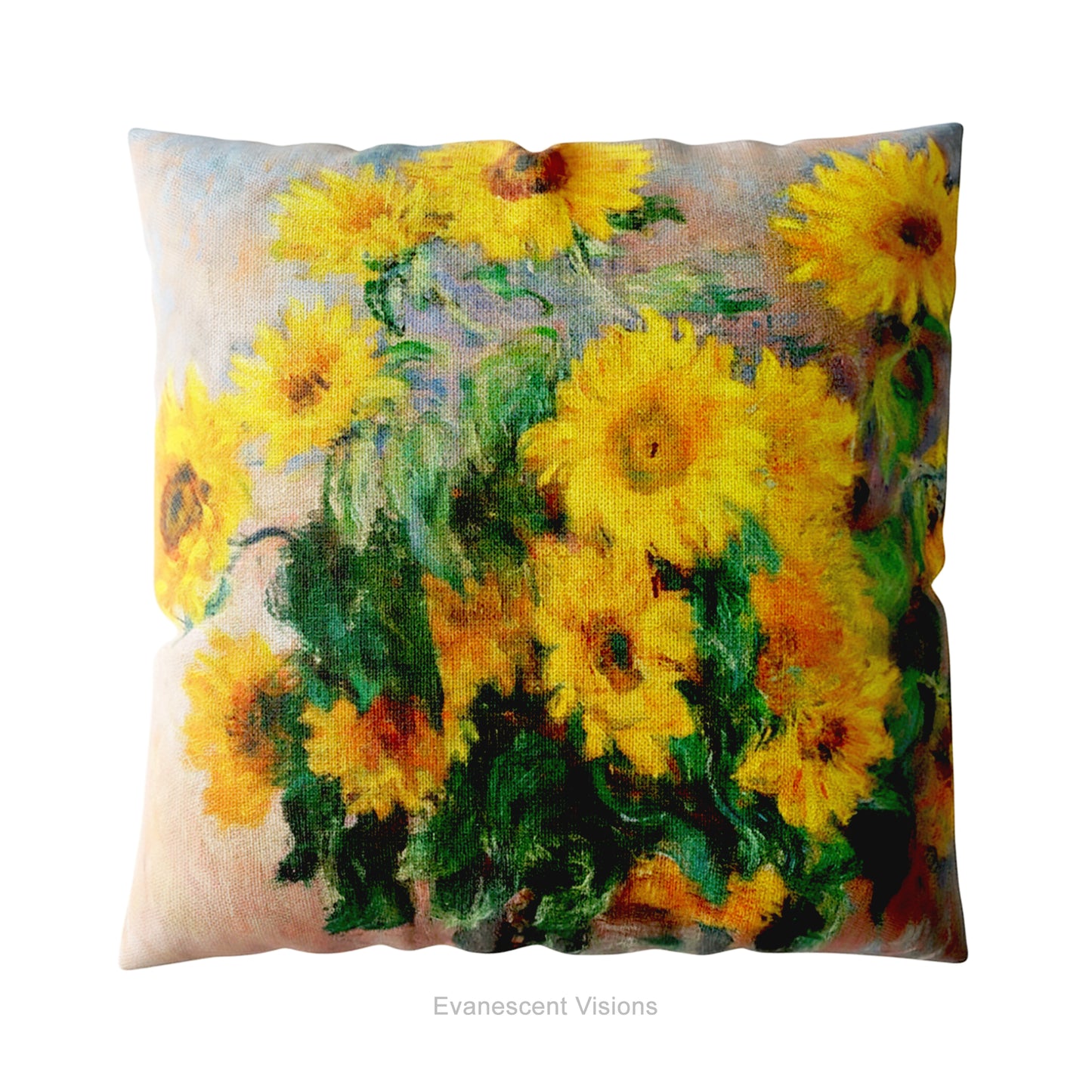 A square decorative cushion on a white background featuring impressionist painting 'Bouquet of Sunflowers' by Claude Monet. 
